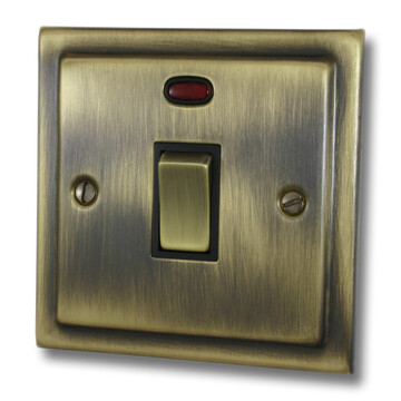 Victorian Antique Brass 20 Amp DP Switch With Neon (Black Inserts)