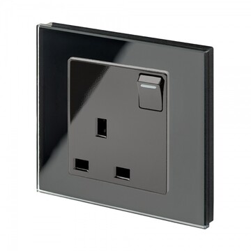 00170 Retrotouch Crystal 13a Switched Single Socket Black Glass Angle