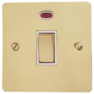Flat Polished Brass 20A DP Switch with Neon (Brass Switch/White Inserts)