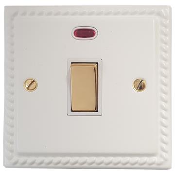 Georgian White 20A DP Switch with Neon (White  insert/Polished Brass Switch)