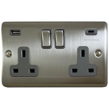 Brushed Steel Socket with USB (2 Gang)