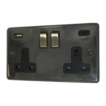 Contour Aged Brass Double Socket with USB C (Antique Brass Switches)