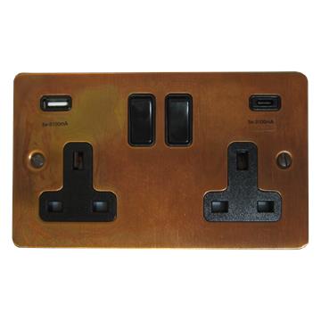 Flat Tarnished Copper Double Socket with USB C