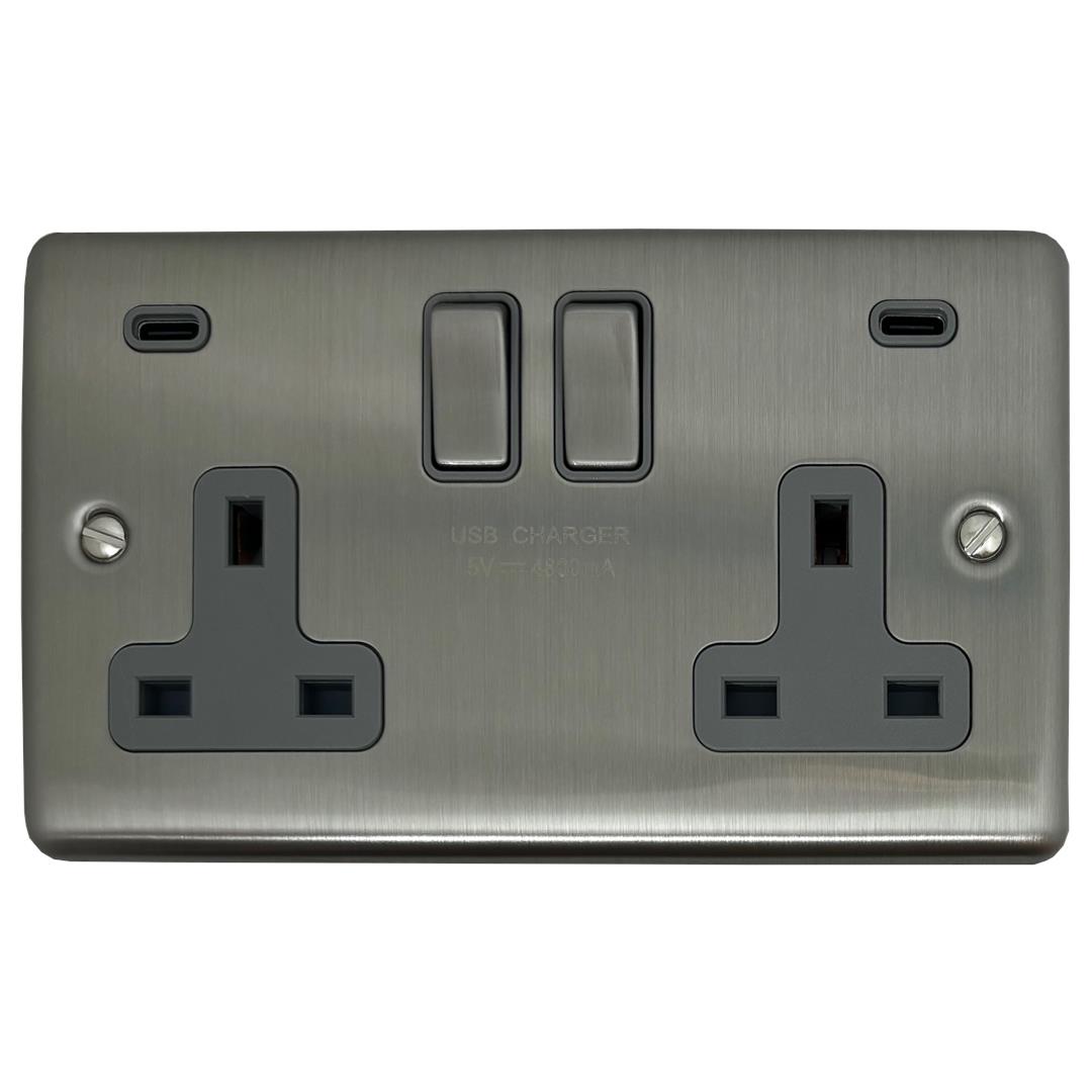 Brushed Steel Socket with USB Type C (2 Gang) from Socket Store