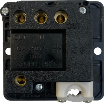 flat aged brass switched fused spur with flex outlet (black insert/ antique brass switch) back bc0625