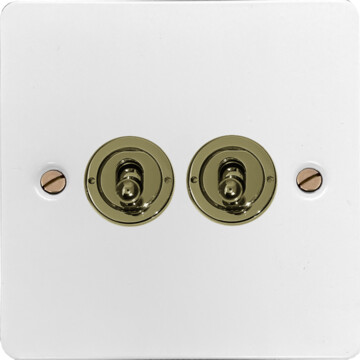 flat white toggle grid plate (2 gang/polished brass switches) front fc0725