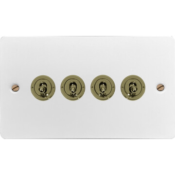 flat white toggle grid plate (4 gang/polished brass switches) front fc0725