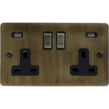 flat antique brass socket with usb (2 gang) front fc0825