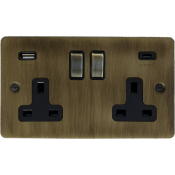 Flat Antique Brass Double Socket with USB C