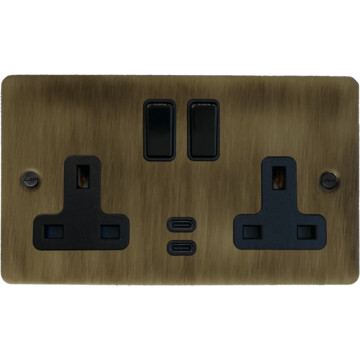 flat antique brass socket with usb  (usb c/black switches) front fc0825
