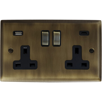 Spectrum Antique Brass Double Socket with USB C (Antique Brass Switches)