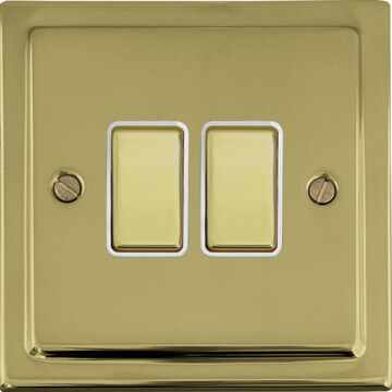 polished brass light switch (2 gang/brass switches/white inserts) front fc0825