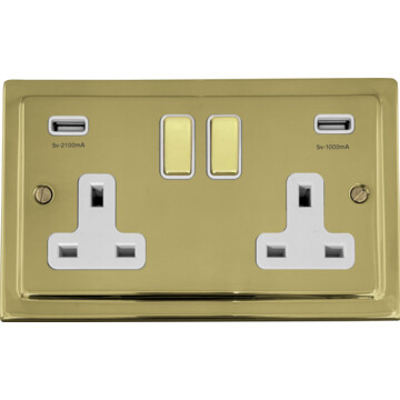 polished brass double socket with usb (brass switcheswhite inserts) front fc0825