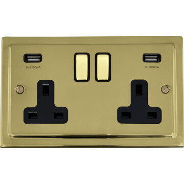 polished brass double socket with usb (brass switches) front fc0825