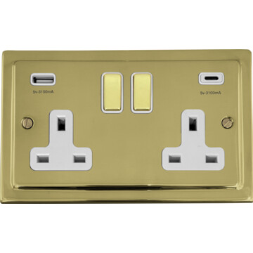 polished brass double socket with usb (usb-a and usb-c/white inserts brass switches) front fc0825