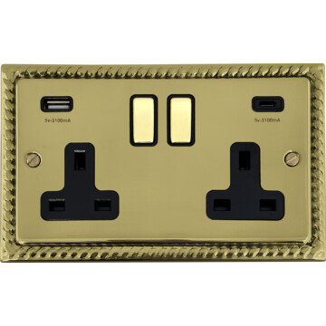 Georgian Satin Brass Double Socket with USB C (Black Switches)
