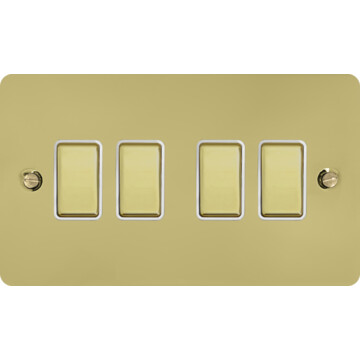 flat polished brass light switch (4 gang/brass switches/white inserts) front fc0825