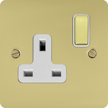 flat polished brass single socket (brass switch/white inserts) front fc0825