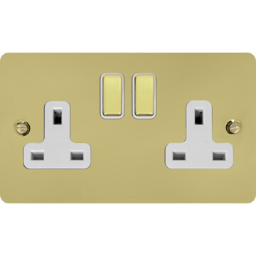 flat polished brass double socket (brass switches/white inserts) front fc0825