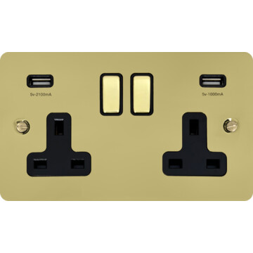 flat polished brass double socket with usb (brass switches/black inserts) front fc0825