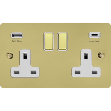 flat polished brass double socket with usb (usb a and usb c/white inserts brass switches) front fc0825