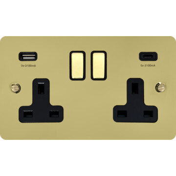 flat polished brass double socket with usb (usb a and usb c/black inserts brass switches) front fc0825