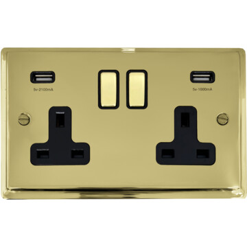 deco polished brass double socket with usb (brass switches) front fc0825