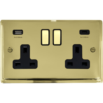 deco polished brass double socket with usb (usb-a and usb-c/black inserts brass switches) front fc0825