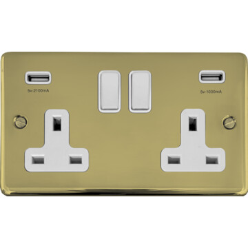 contour polished brass unlacquered double socket with usb (white switches) front fc0825