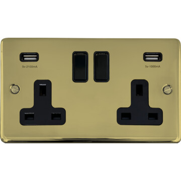 contour polished brass unlacquered double socket with usb (black switches) front fc0825
