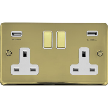 contour polished brass unlacquered double socket with usb (brass switches/white inserts) front fc0825