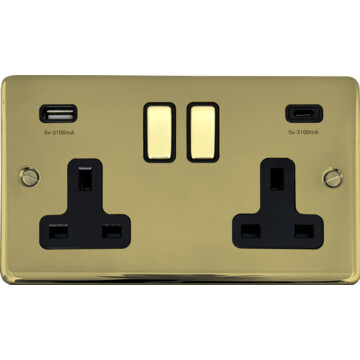 contour polished brass unlacquered double socket with usb (usb a and usb c/black inserts brass switches) front fc0825