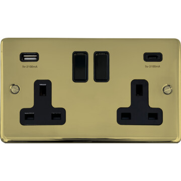 contour polished brass unlacquered double socket with usb (usb a and usb c/black switches) front fc0825