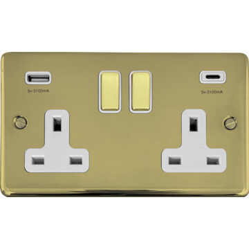 contour polished brass unlacquered double socket with usb (usb a and usb c/white inserts brass switches) front fc0825