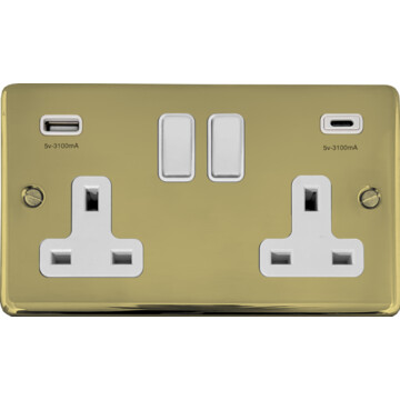 contour polished brass unlacquered double socket with usb (usb a and usb c/white switches) front fc0825