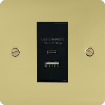 flat polished brass unlacquered usb charger (usb a and usb c) (1 gang/black insert) front fc0825