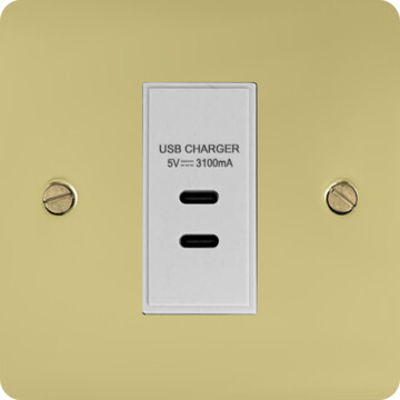 flat polished brass unlacquered usb charger (2x usb c) (1 gang/white insert) front fc0825