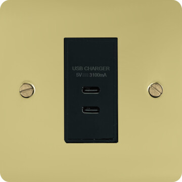flat polished brass unlacquered usb charger (2x usb c) (1 gang/black insert) front fc0825