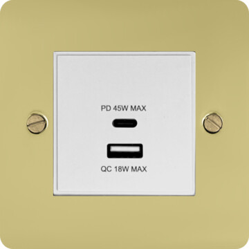 flat polished brass unlacquered usb charger (dual usb a + c quick charge) (1 gang/white insert) front fc0825