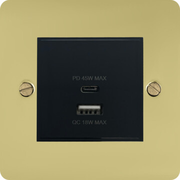 flat polished brass unlacquered usb charger (dual usb a + c quick charge) (1 gang/black insert) front fc0825
