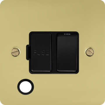 flat polished brass unlacquered switched fused spur with flex outlet (black switch) front fc0825