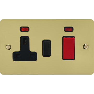 flat polished brass unlacquered cooker switch with socket (black switch) front fc0825