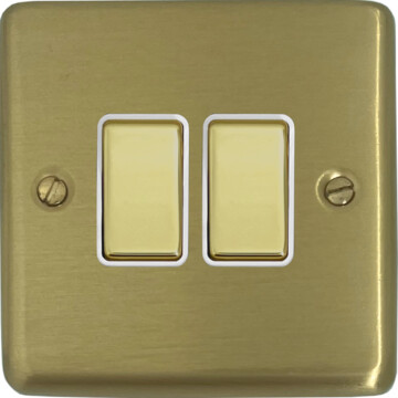 satin brass light switch (2 gang/brass switch/white inserts) front fc0825