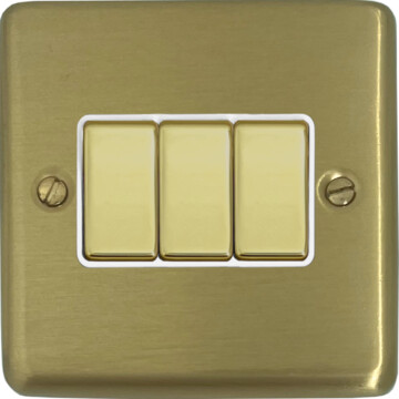 satin brass light switch (3 gang/brass switch/white inserts) front fc0825