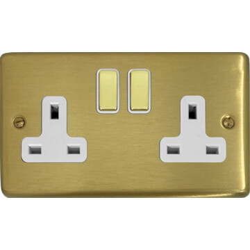 satin brass socket (double socket/brass switch/white inserts) front fc0825