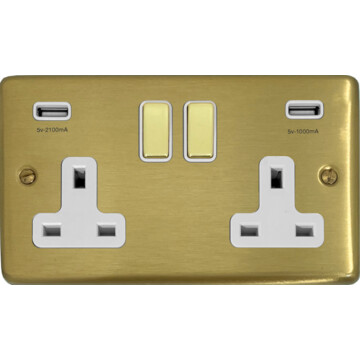 satin brass socket with usb (double socket/brass switch/white inserts) front fc0825