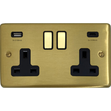 Victorian Copper Socket with 1x USB A & 1x USB C (Black Switches)