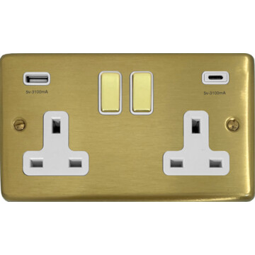 satin brass double socket with usb (usb a and usb c/white inserts brass switches) front fc0825