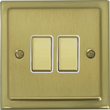 victorian satin brass light switch (2 gang/brass switches/white insert) front fc0825