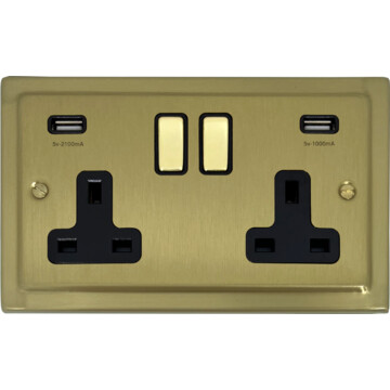 victorian satin brass double socket with usb (brass switches/black inserts) front fc0825